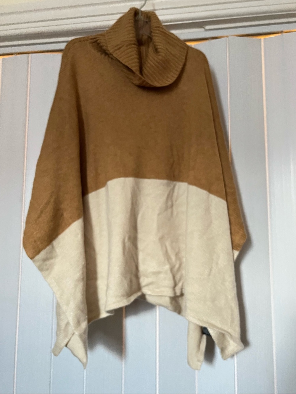 Zoe + Phoebe Colorblock Turtleneck Poncho Sweater - Camel and Cream